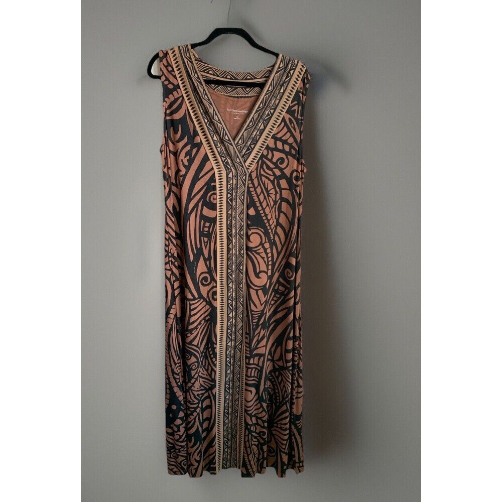 Soft Surroundings Sleeveless Maxi Dress Brown Black Tribal Aztec Print Size PL